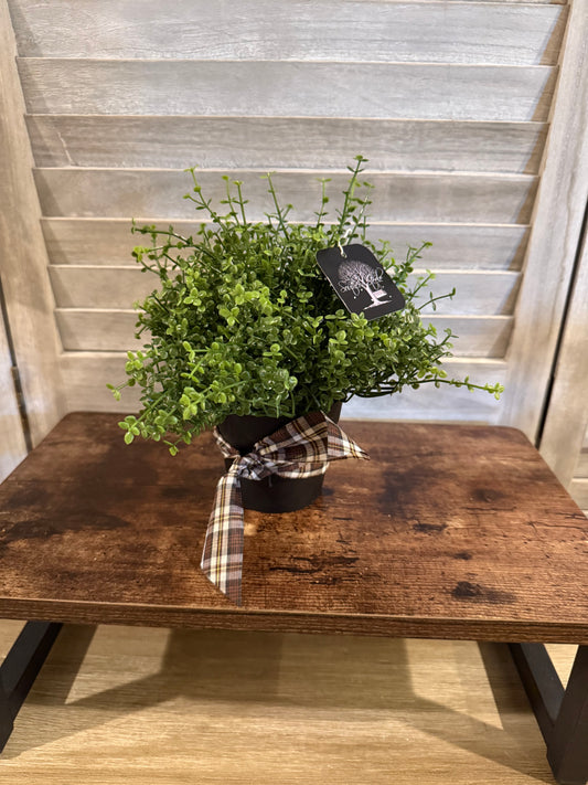 Mini Faux Potted Plant with Plaid Bow – Farmhouse Greenery Decor