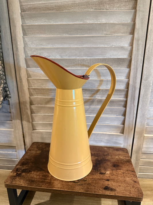Vintage Farmhouse Yellow Metal Pitcher – Rustic Decorative Watering Jug