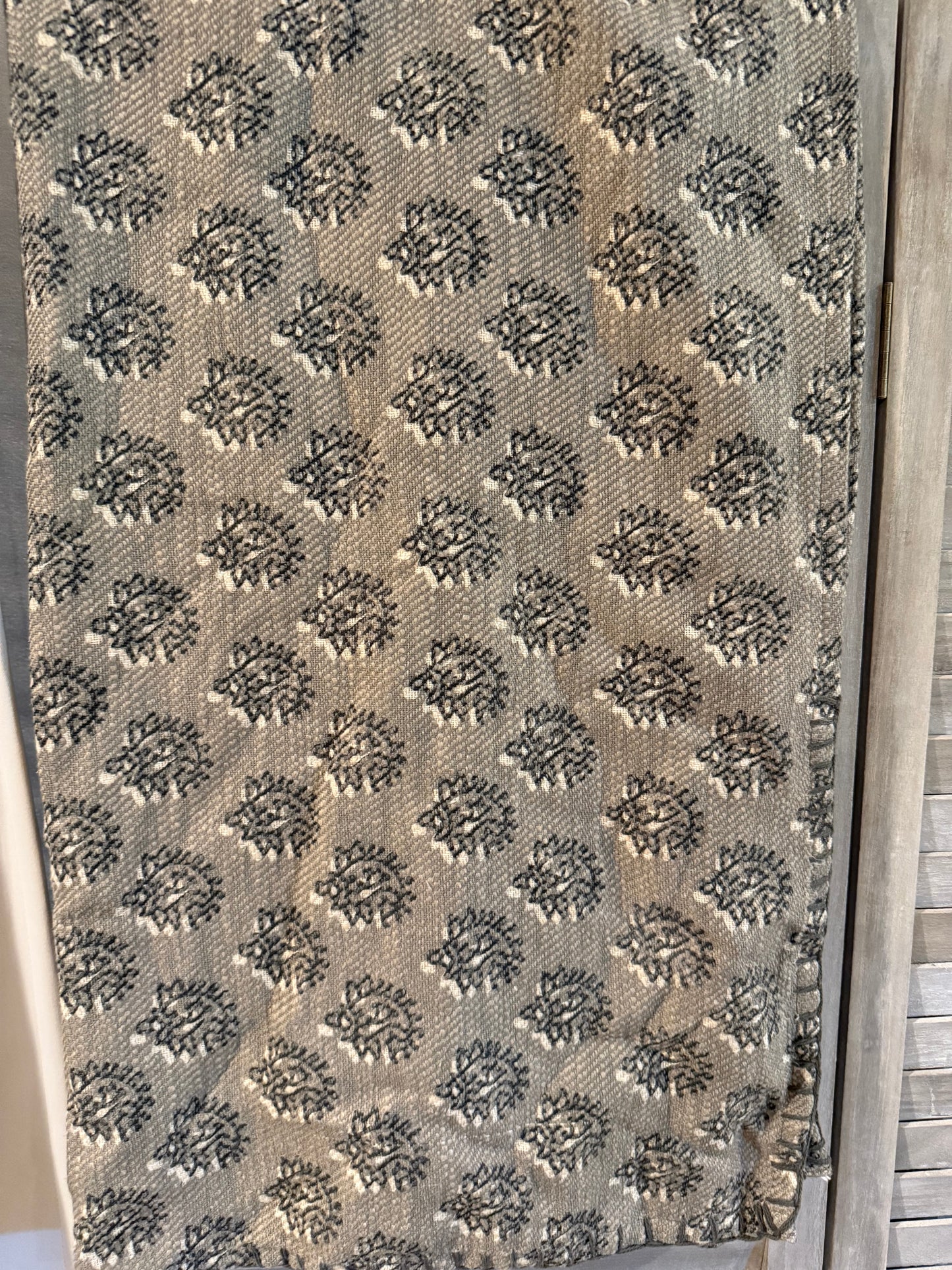Vintage-Inspired Block Print Table Runner – Green Floral Medallion on Taupe Linen