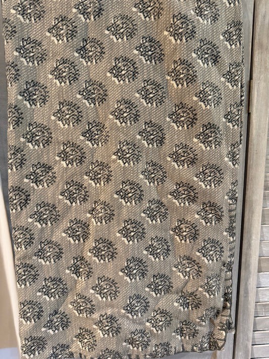 Vintage-Inspired Block Print Table Runner – Green Floral Medallion on Taupe Linen