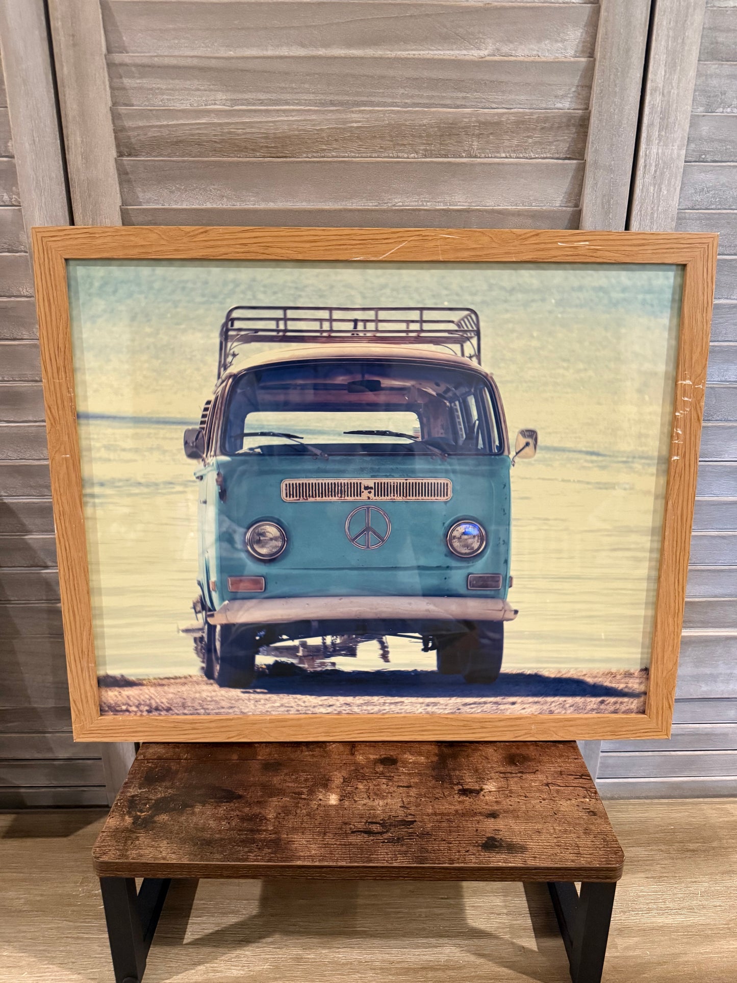 Vintage Blue VW Bus Wall Art – Framed Retro Van Print with Peace Sign