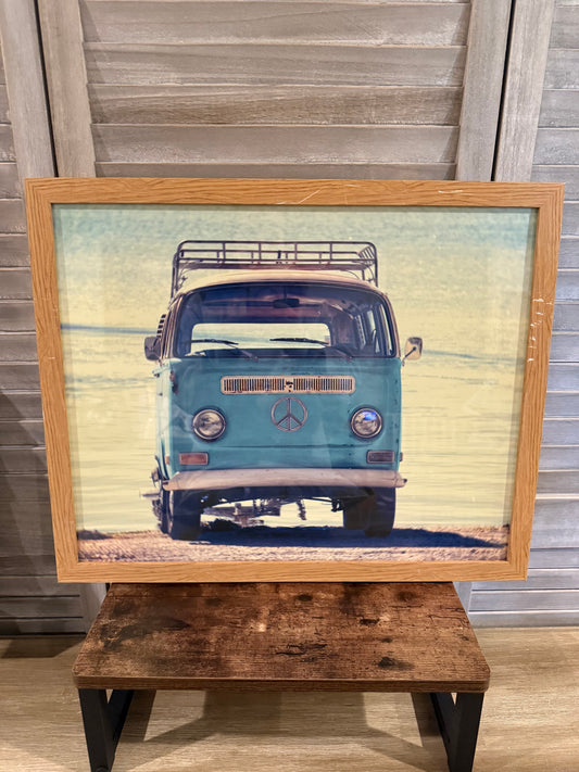 Vintage Blue VW Bus Wall Art – Framed Retro Van Print with Peace Sign