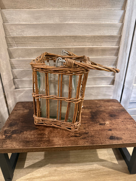 Glass Vase Trio in Woven Basket – Rustic Farmhouse Tabletop Decor