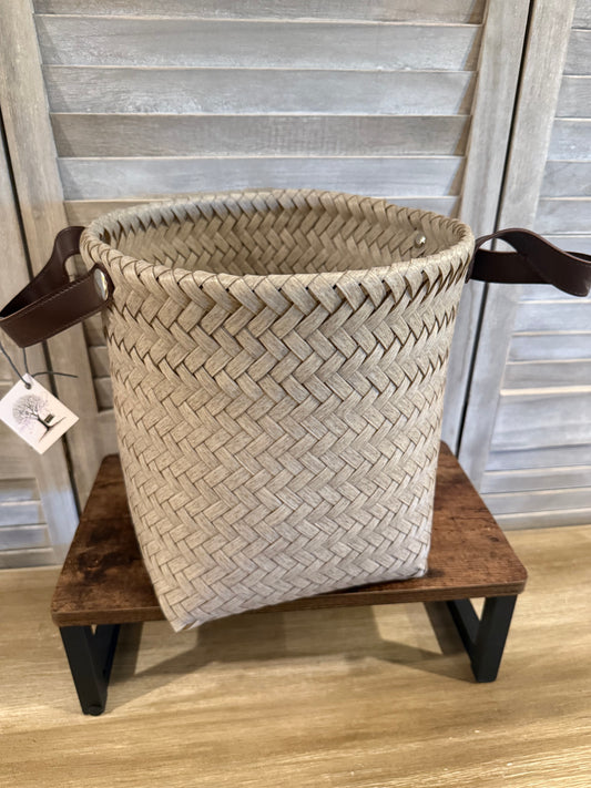 Taupe Woven Basket with Leather Handles