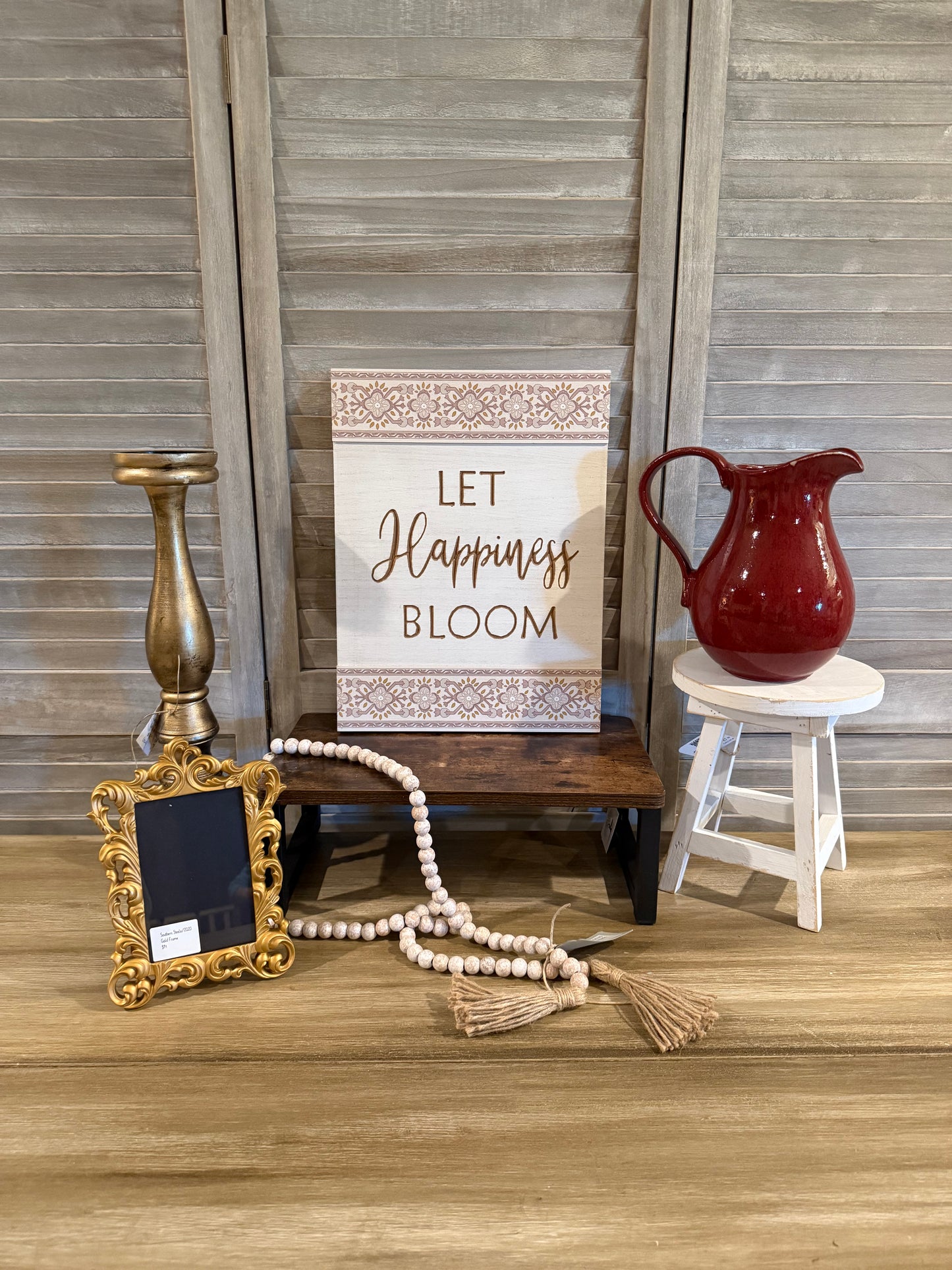 “Let Happiness Bloom” Boho Floral Wood Sign – Uplifting Wall Decor