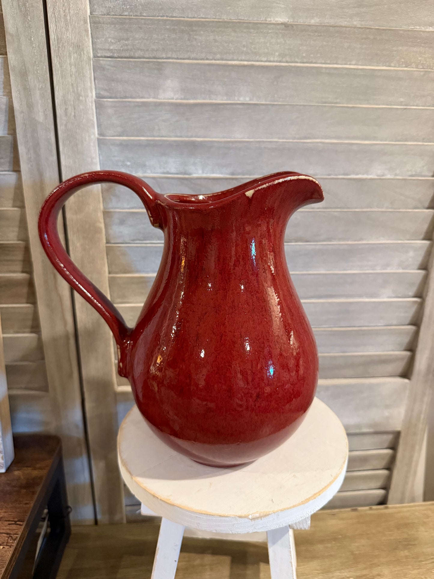 Deep Red Ceramic Pitcher – Vintage Farmhouse Vase or Kitchen Decor