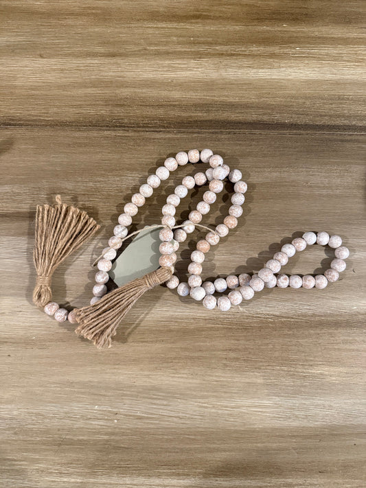 Whitewashed Beaded Garland with Jute Tassels – Farmhouse Table or Shelf Decor