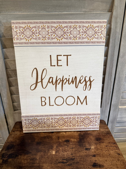 “Let Happiness Bloom” Boho Floral Wood Sign – Uplifting Wall Decor