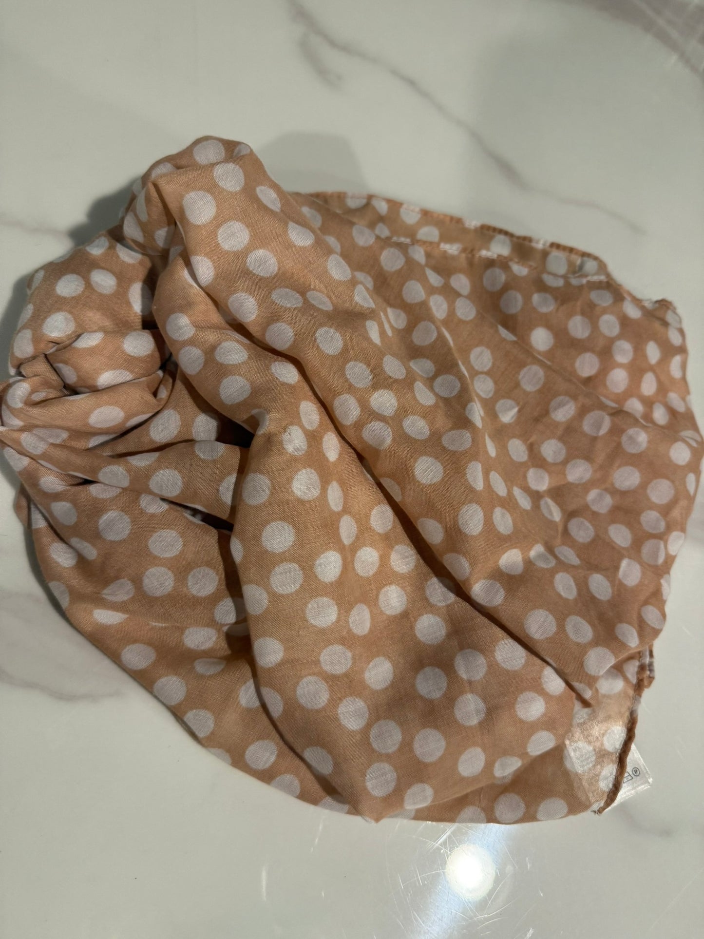 Lightweight Polka Dot Scarf – Tan & White Vintage-Inspired Wrap