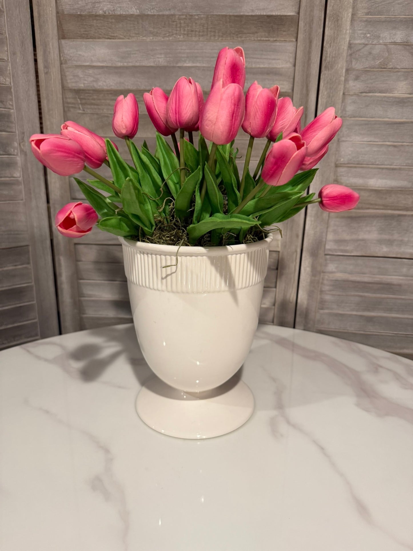 Pink Tulip Arrangement in White Pedestal Vase – Faux Floral Centerpiece