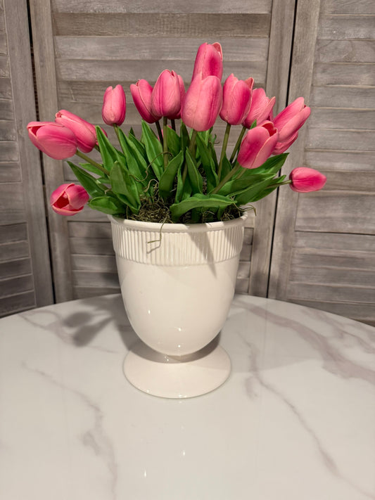 Pink Tulip Arrangement in White Pedestal Vase – Faux Floral Centerpiece