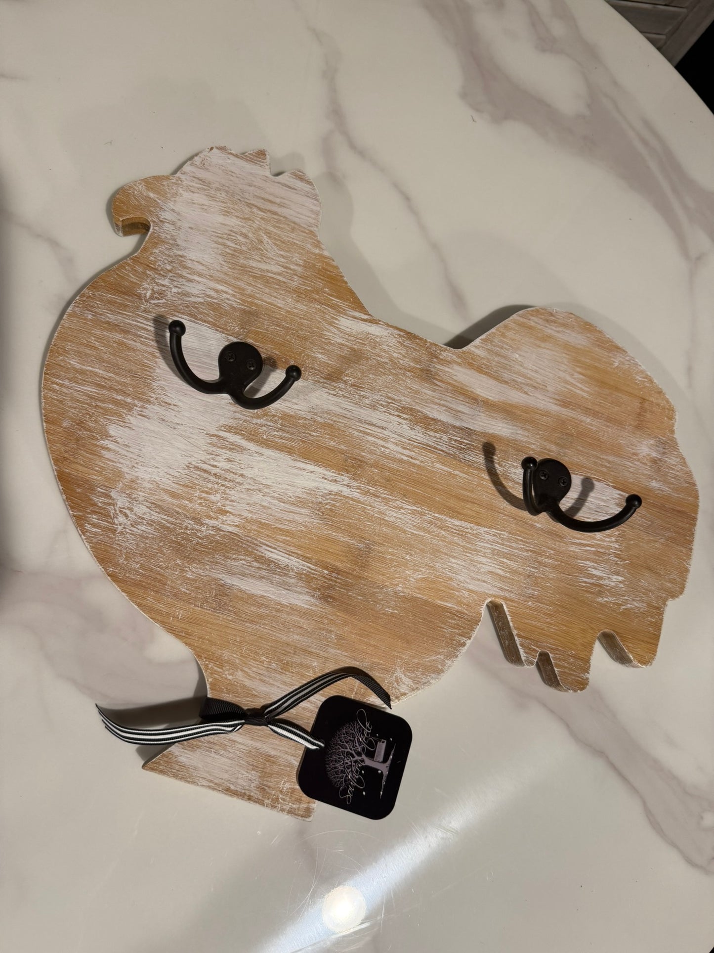 Rustic Rooster Wall Hook – Farmhouse Wood Decor with Double Metal Hooks
