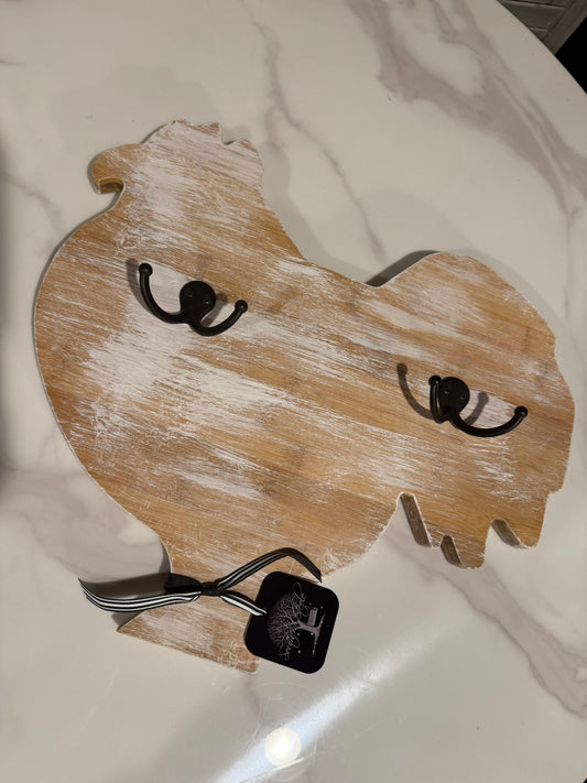 Rustic Rooster Wall Hook – Farmhouse Wood Decor with Double Metal Hooks