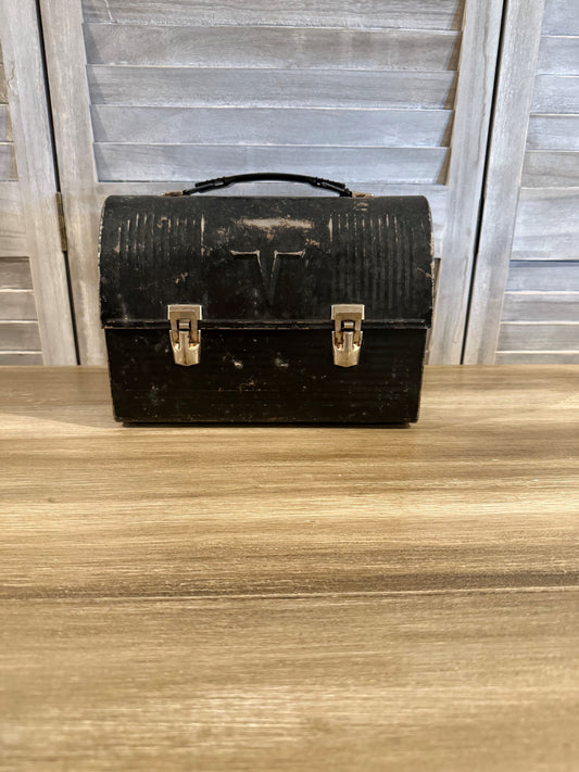 Vintage Black Metal Lunchbox with Embossed "T" – Rustic Industrial Charm