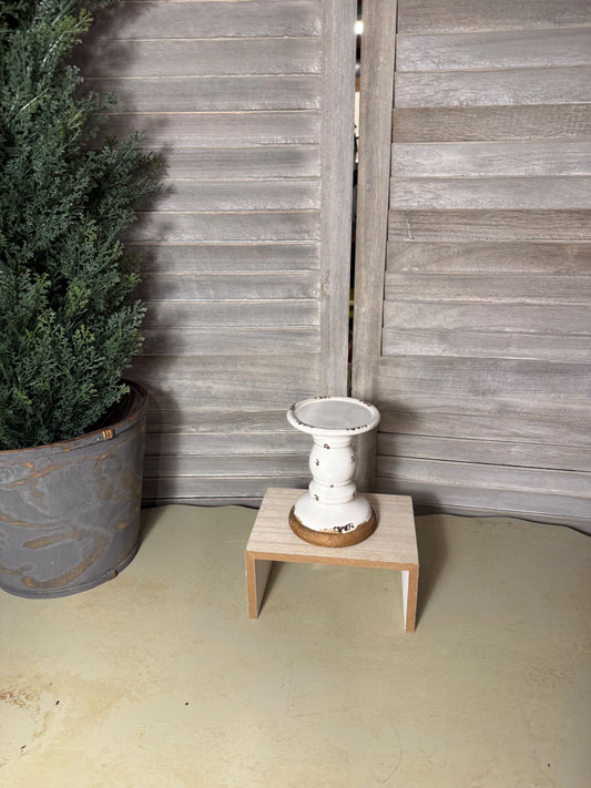 Vintage-Style White Pedestal Candle Holder – Distressed Farmhouse Decor