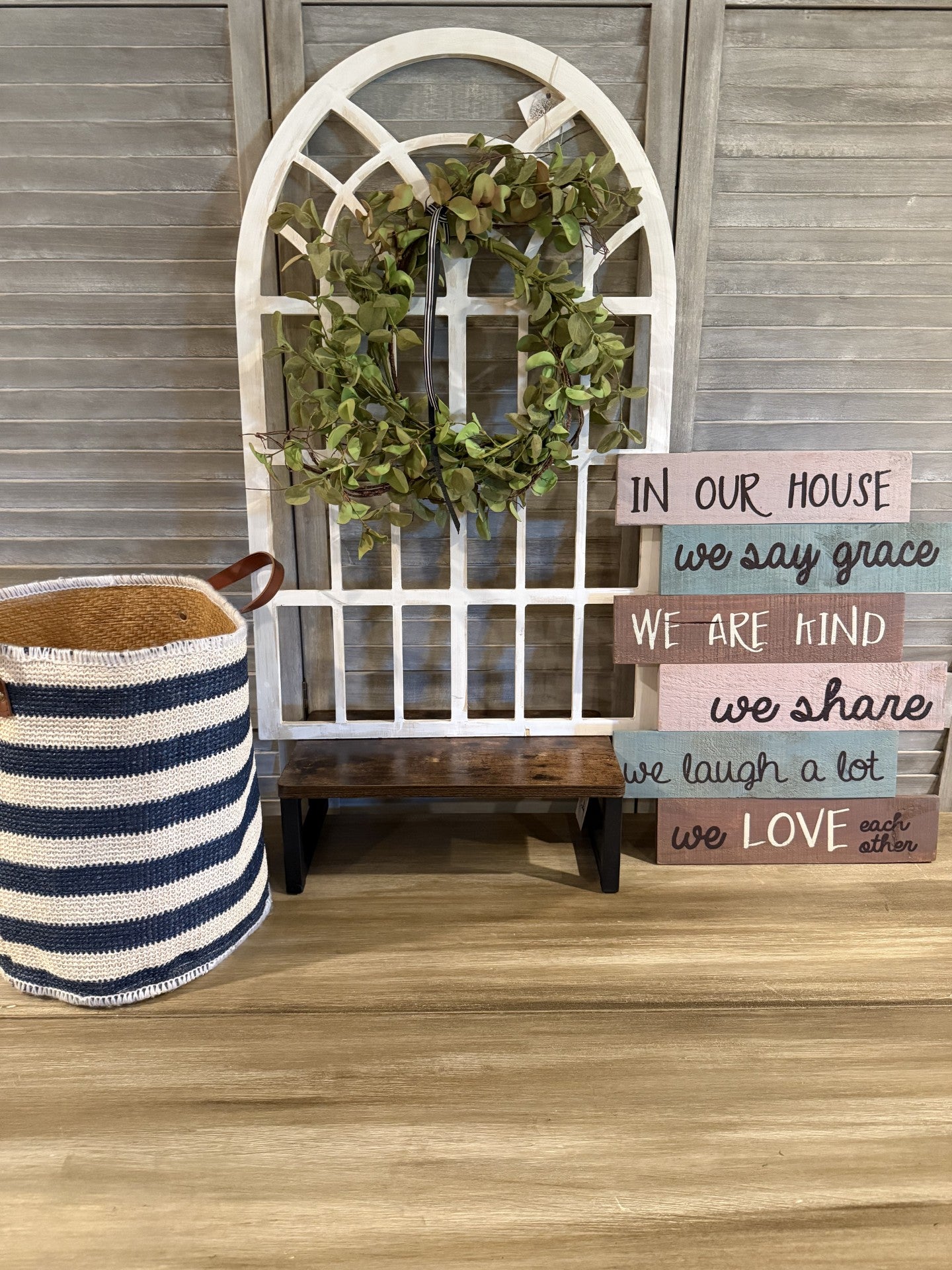 Farmhouse Window Pane Wall Decor with Faux Eucalyptus Wreath – Shabby Chic Arch Frame
